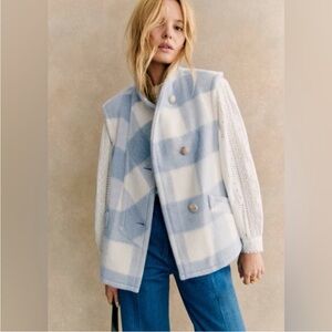 Sezane Light Blue Plaid Wool Jacket Vest. Large